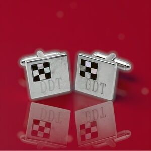 Silver Cufflinks With Mother of Pearl and Onyx Checkered Flag DDT Engraving